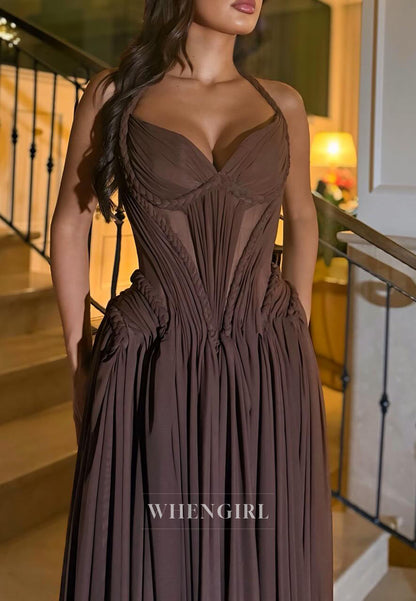 Chocholate Halter Sleeveless Pleated A-Line Prom Dress Evening Gown