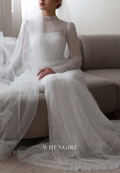 High Neck Long Sleeves Beaded Sheath Sweep Train Empire Waist Wedding Dress