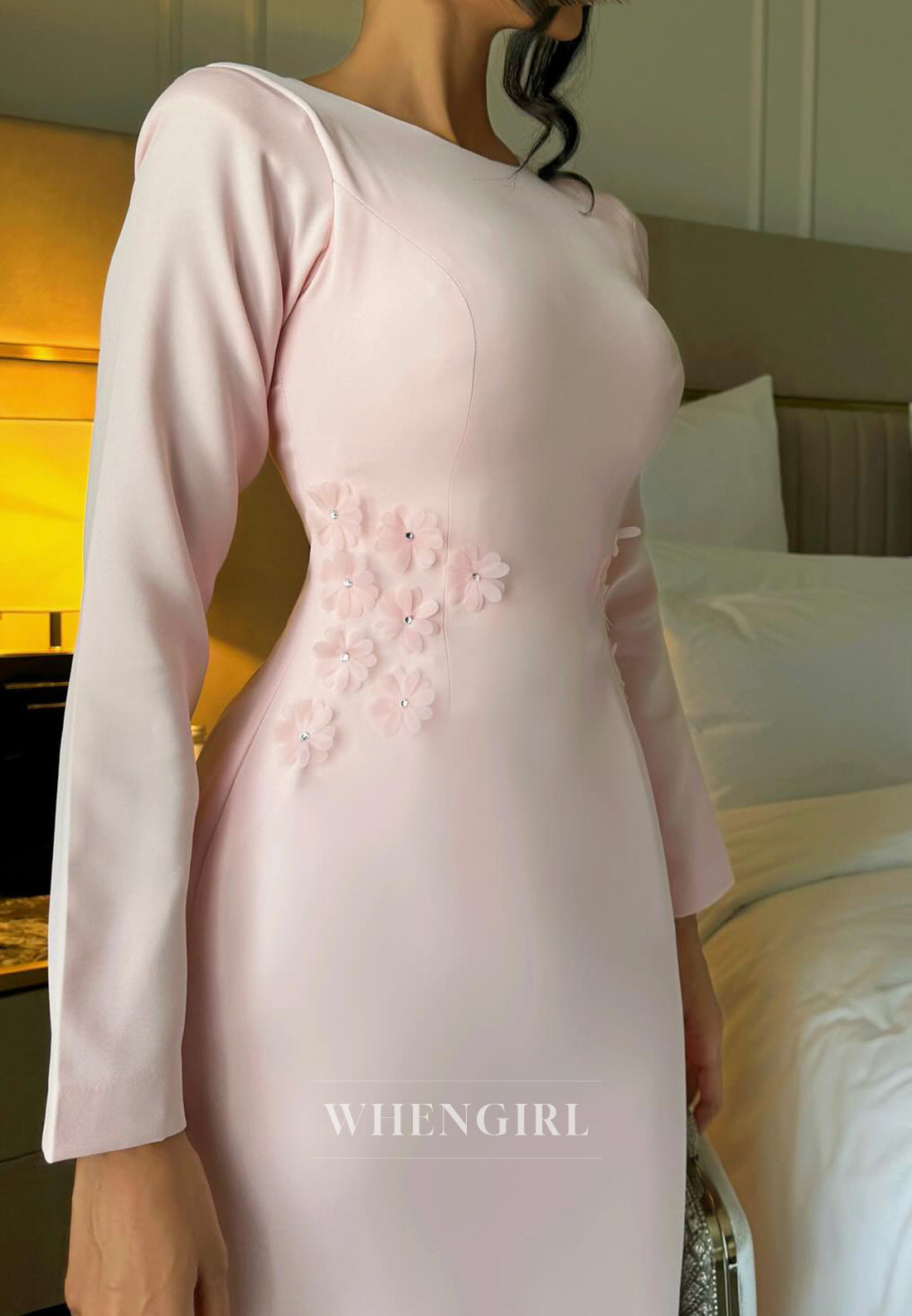 Pink Bateau Neck Long Sleeves Flowers Sweep Train Column Evening Formal Dress