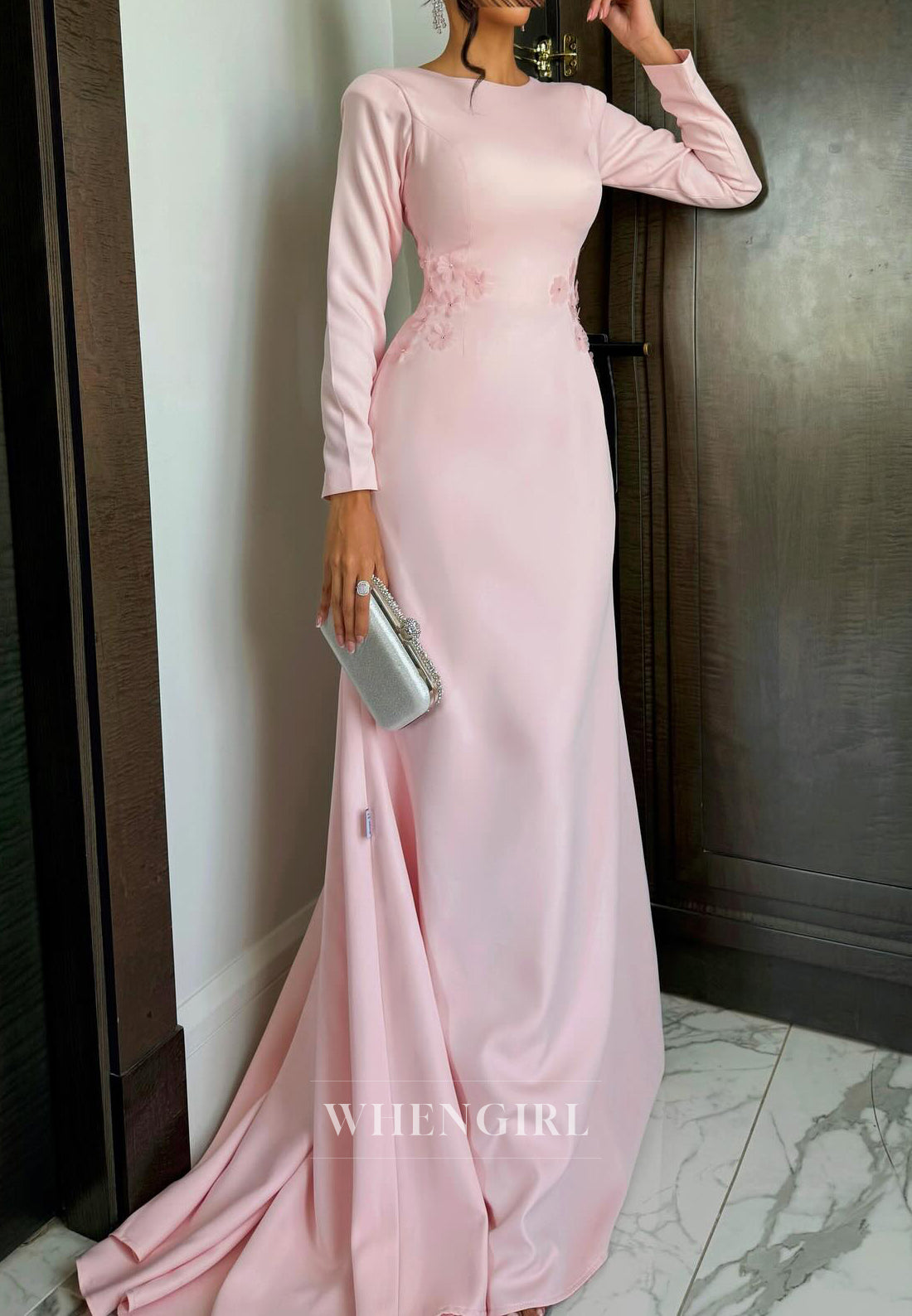 Pink Bateau Neck Long Sleeves Flowers Sweep Train Column Evening Formal Dress