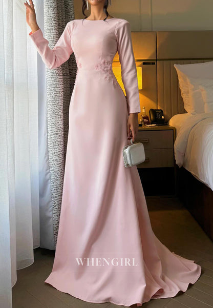 Pink Bateau Neck Long Sleeves Flowers Sweep Train Column Evening Formal Dress
