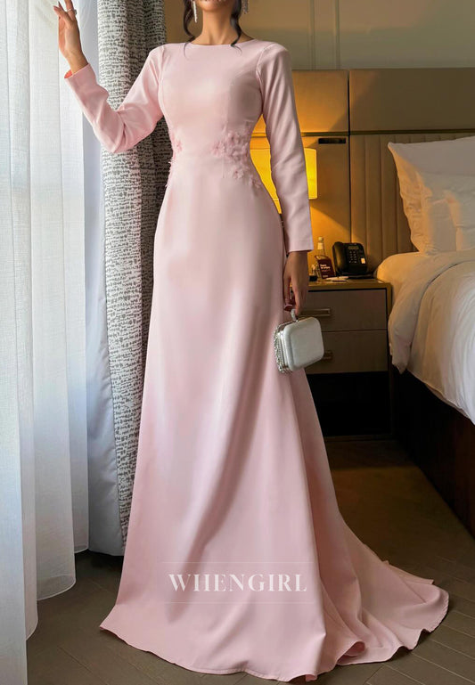 Pink Bateau Neck Long Sleeves Flowers Sweep Train Column Evening Formal Dress