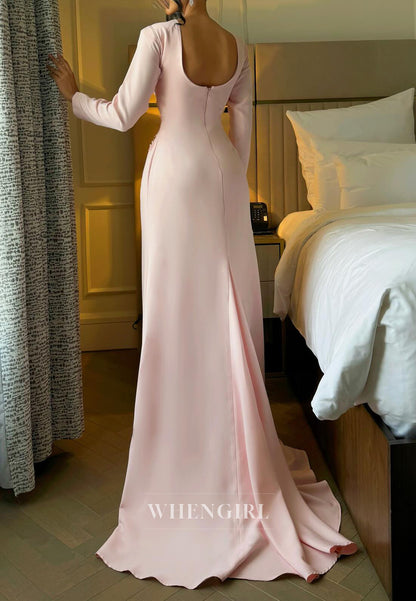 Pink Bateau Neck Long Sleeves Flowers Sweep Train Column Evening Formal Dress