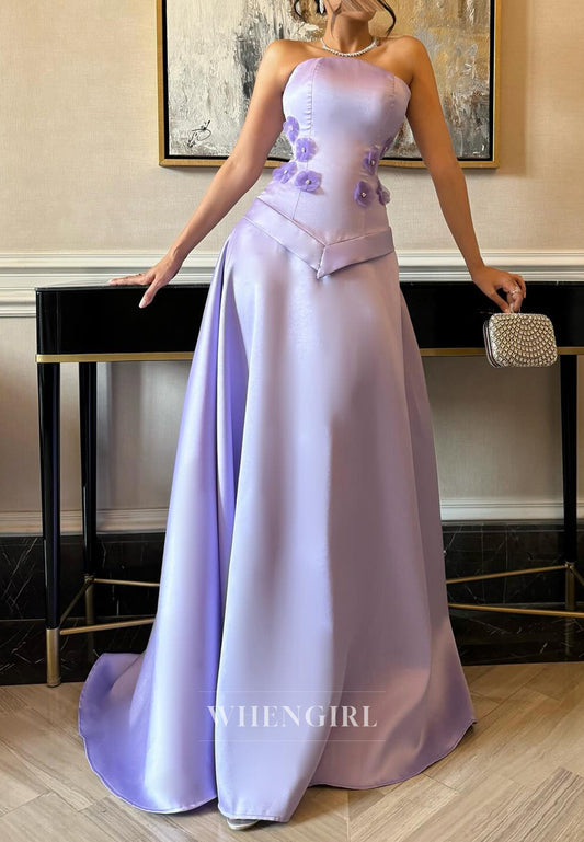 Lavender A-Line Tube Top Sleeveless Flowers Back Zipper Formal Evening Dress