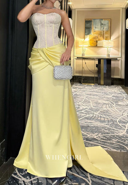 Column Sweetheart Sleeveless Lace Top Pleated Evening Formal Dress with Train