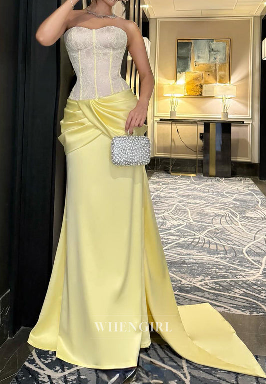 Column Sweetheart Sleeveless Lace Top Pleated Evening Formal Dress with Train