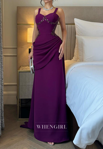 Grape Sweetheart Regular Straps Sleeveless Beaded Pleated Sheath Evening Formal Dress