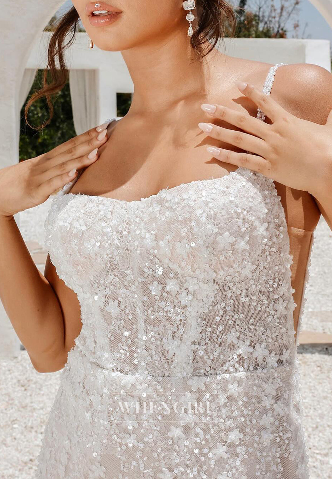 Sheath Beaded Bowknot Train Square Neck Sleeveless Short Wedding Dress