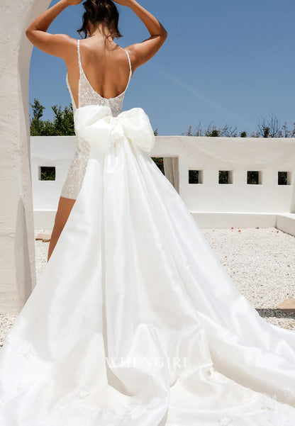 Sheath Beaded Bowknot Train Square Neck Sleeveless Short Wedding Dress