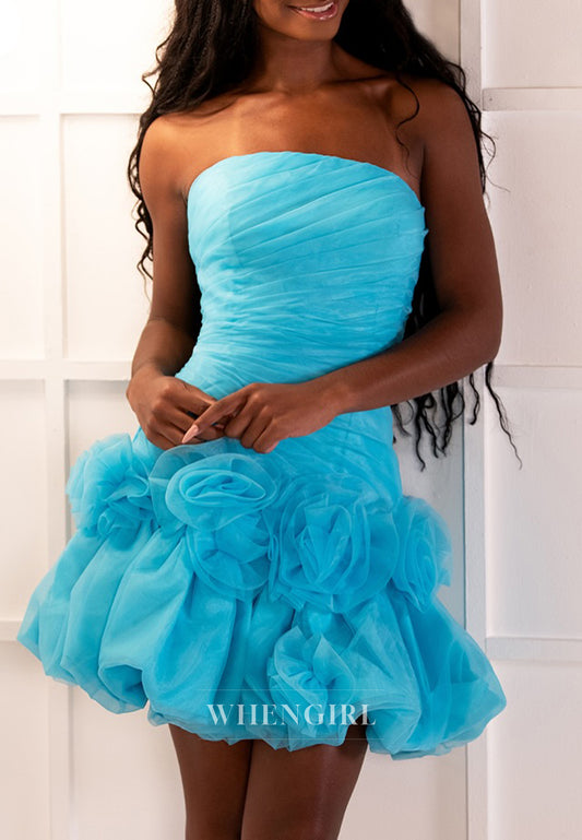 Ice Blue Tube Top Sleeveless Pleated 3D Flowers Sheath Short Homecoming Dress