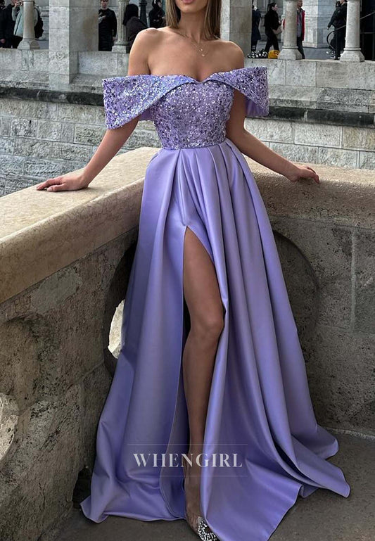 Violet Off Shoulder Beaded Evening Dress Side Slit Sleeveless A-Line Formal Dress