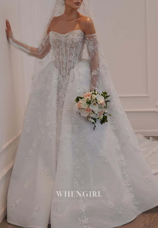 Ball Gown Sweetheart Long Sleeves Appliqued Lace Court Train Wedding Dress with Veil