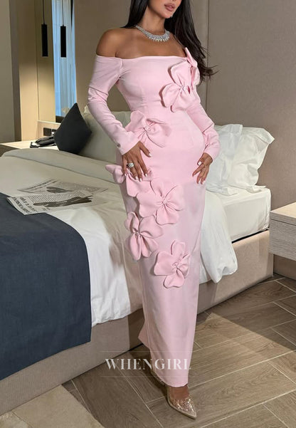 Light Pink Off shoulder Floral Sheath Formal Evening Dress with Long Sleeves