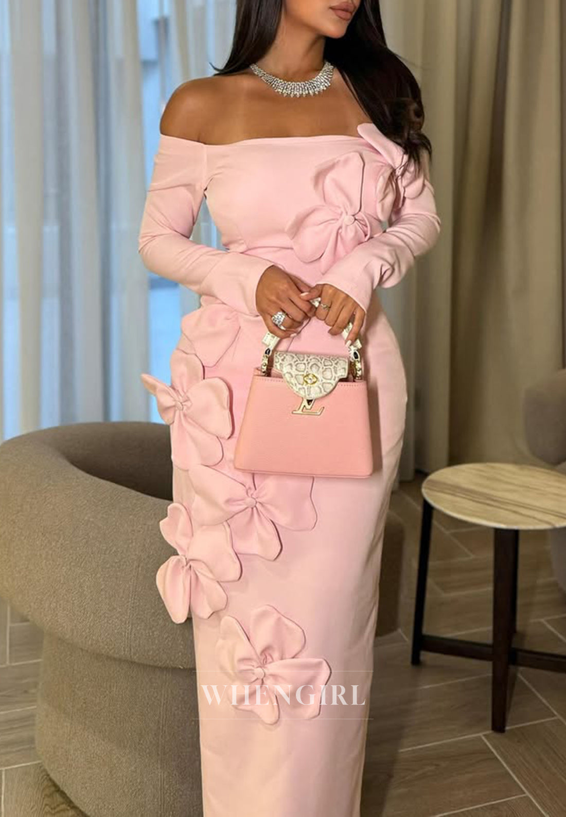 Light Pink Off shoulder Floral Sheath Formal Evening Dress with Long Sleeves