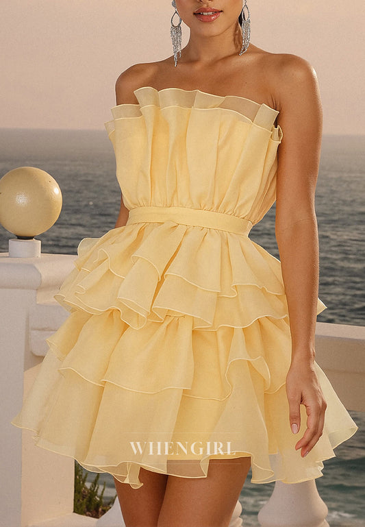 Yellow Tiered Ruffles A-Line Chiffon Sleeveless Strapless Homecoming Dress