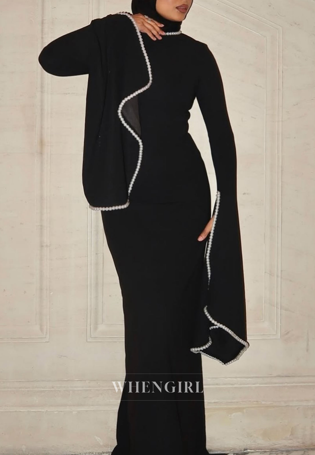 Sheath Beateau Neck Floor Length Formal Dress Long Sleeves Beaded Pearls Evening Gown