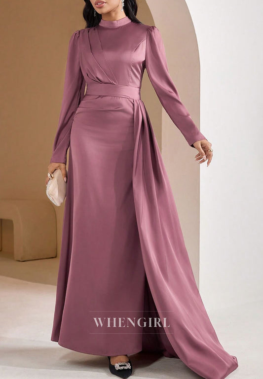 Tea Rose High Neck Long Sleeves Pleated Side Train Mother of the Bride Dress