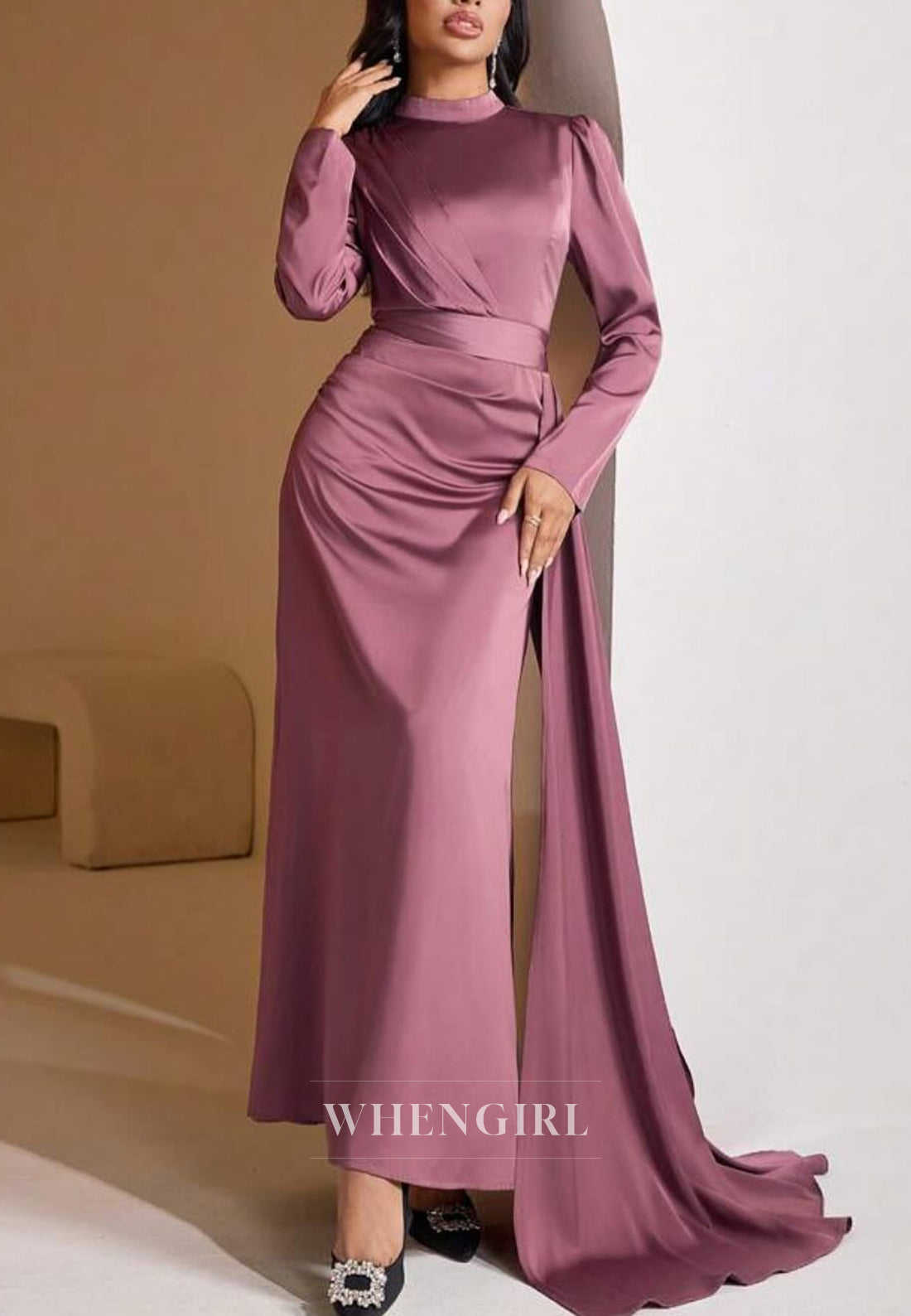 Tea Rose High Neck Long Sleeves Pleated Side Train Mother of the Bride Dress
