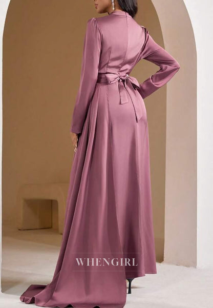 Tea Rose High Neck Long Sleeves Pleated Side Train Mother of the Bride Dress