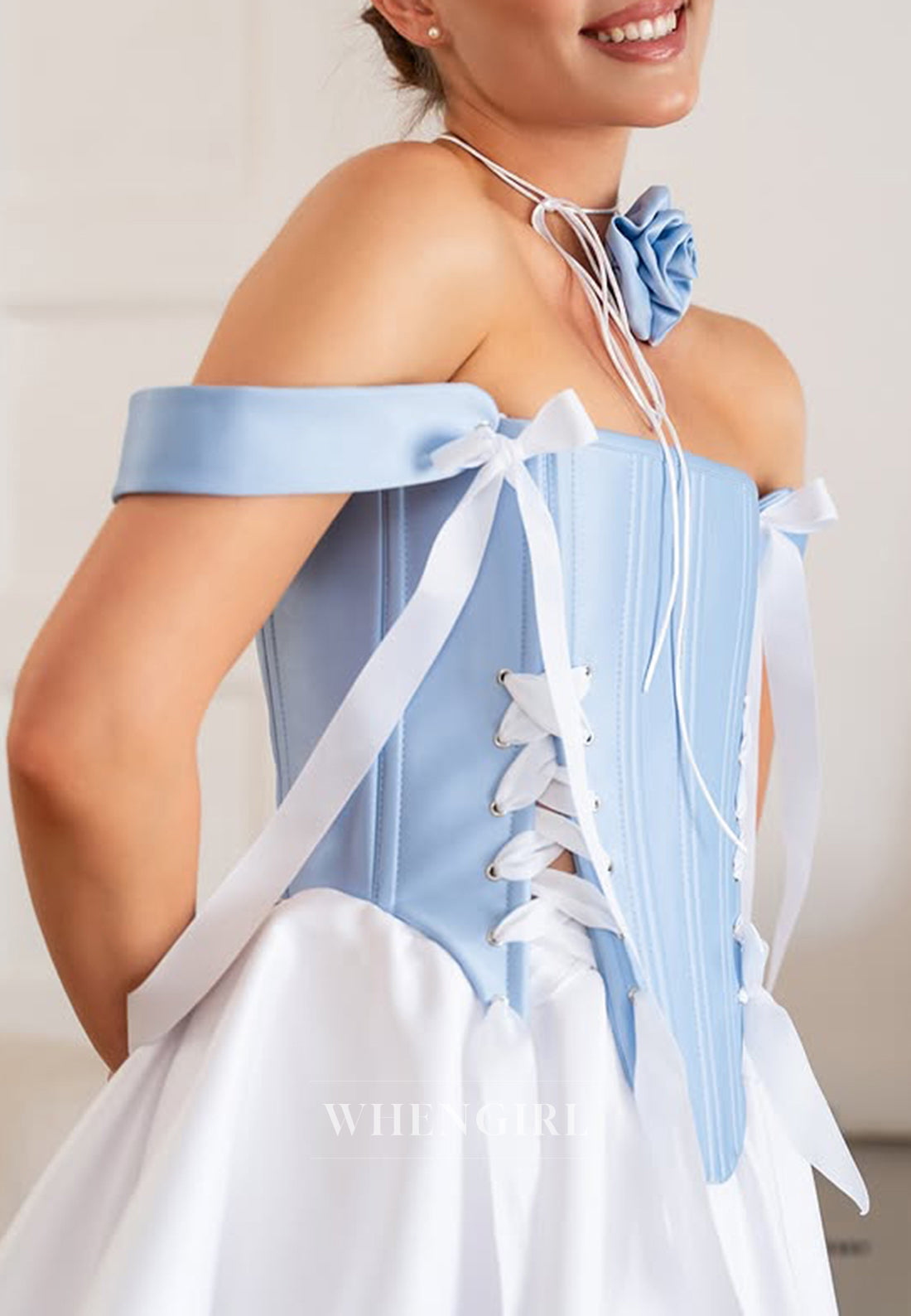 Blue and White Square Neck Bowknot Sleeveless A-Line Homecoming Dress