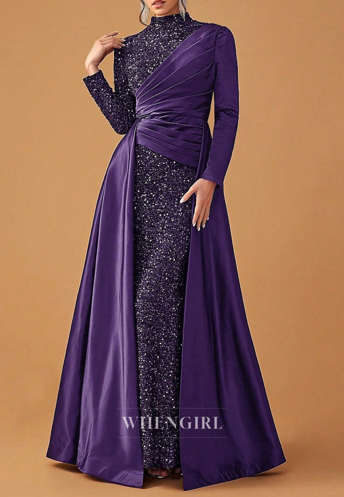 Sheath High Neck Long Sleeves Beaded Floor Length Mother of the Bride Dress