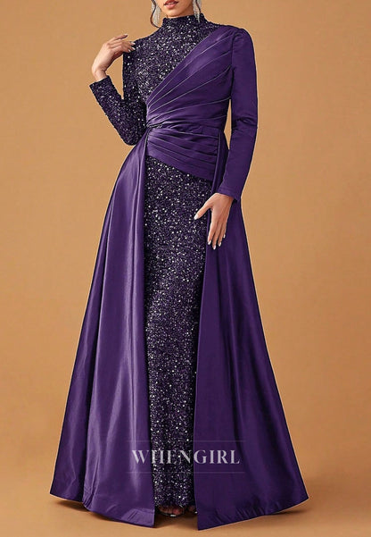 Sheath High Neck Long Sleeves Beaded Floor Length Mother of the Bride Dress