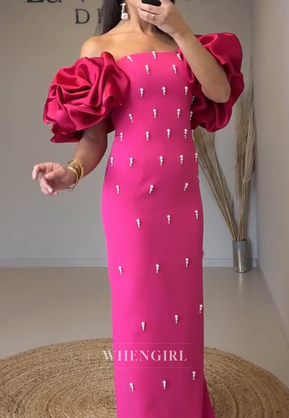 Sheath Off Shoulder Short Puff Sleeves Beaded Pearls Long Evening Formal Dress