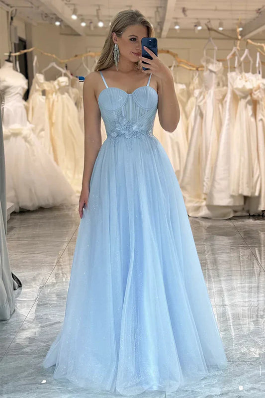 Hot Blue Metallic Prom Dress Tulle A-Line Spaghetti Straps