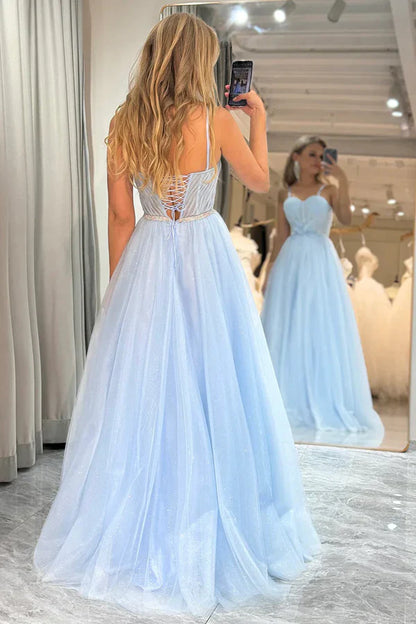 Hot Blue Metallic Prom Dress Tulle A-Line Spaghetti Straps