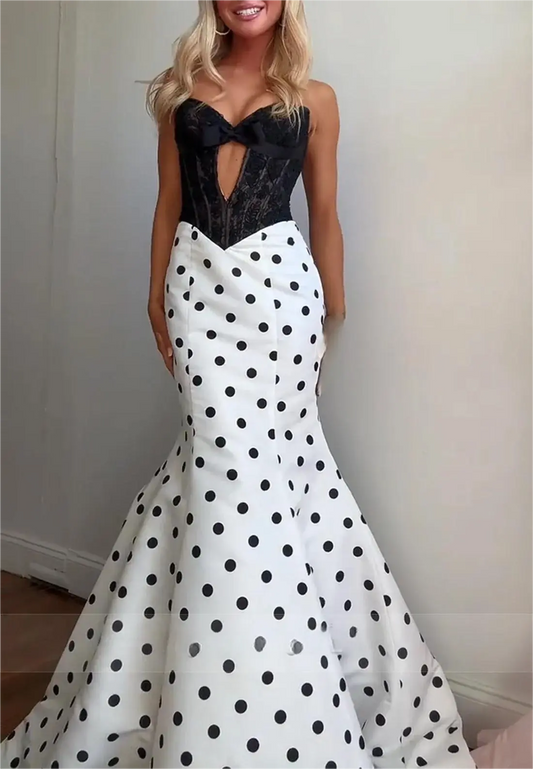 Hot Black Polka Dot Corset Prom Dresses Lace Satin Strapless Mermaid