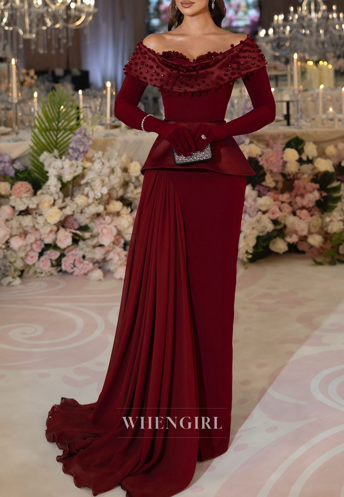Burgundy Long Sleeves Off Shouler Beaded Sheath Floor Length Evening Dress