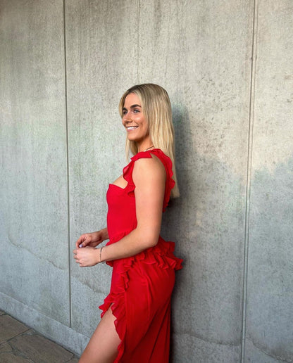 Red Slit Ruffles Sheath Ankle Length Prom Dress