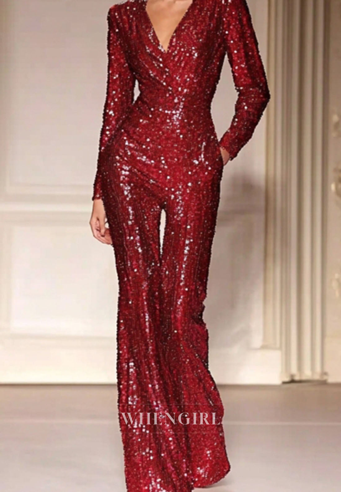 Stunning V-Neck Long Sleeves Empire Waist Sequin Evening Pansuits