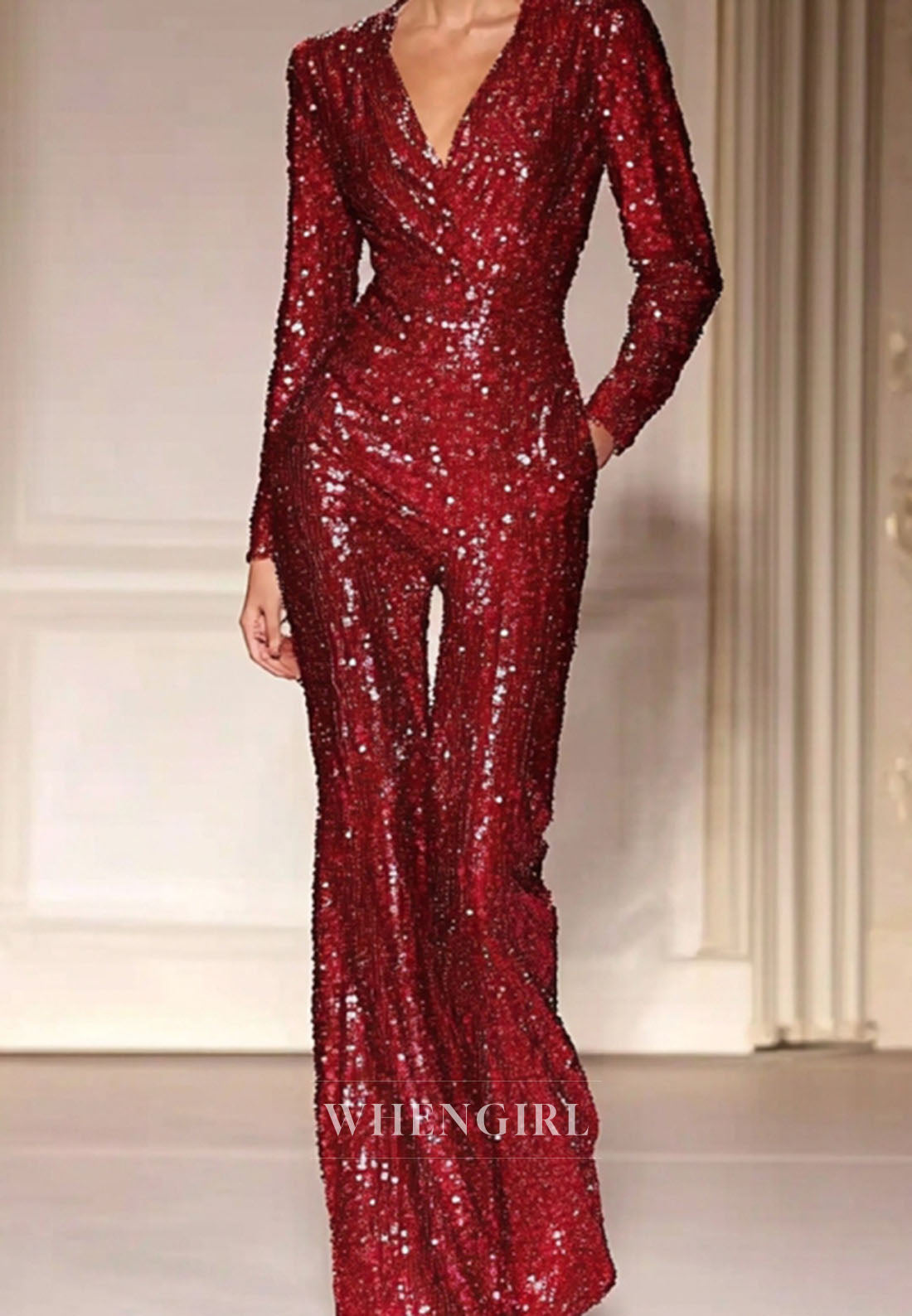 Stunning V-Neck Long Sleeves Empire Waist Sequin Evening Pansuits