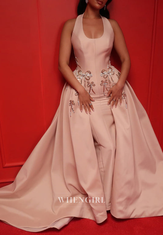 Dusty Pink Halter Sleeveless Beaded Bowknot Sheath Formal Evening Dress with Train