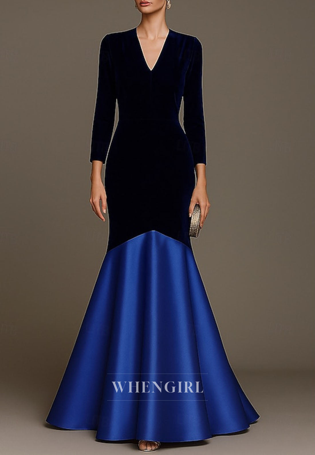 Mermaid V Neck 3/4 Sleeves Back Zipper Mother of the Bride Dress