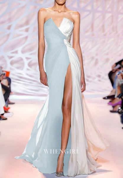 Mermaid V Neck Sleeveless High Slit Mother of the Bride Dress Evening Gown