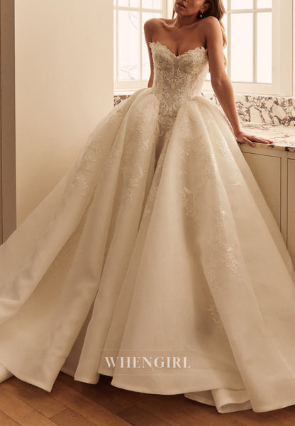 Ball Gown Sweetheart Sleeveless Beaded Appliqued Lace Wedding Dress with Court Train
