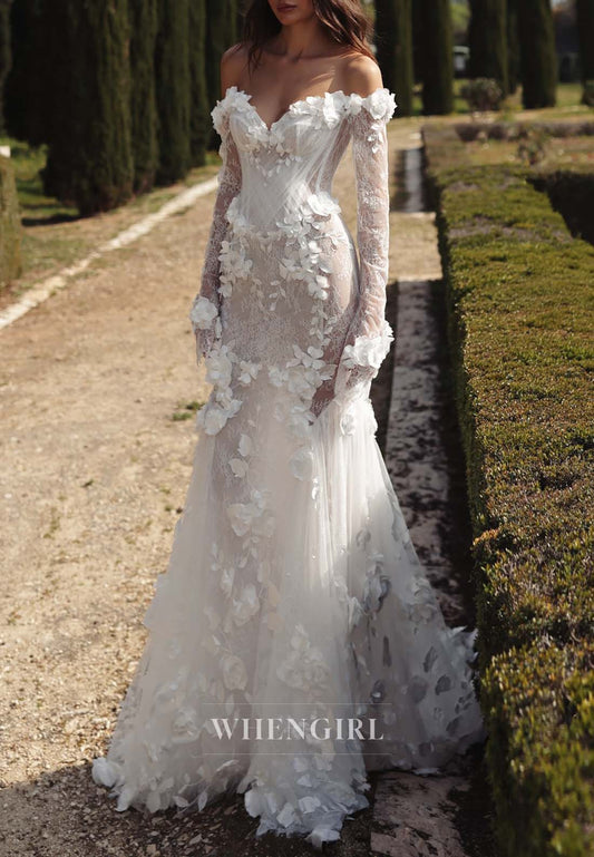 Sweetheart Long Sleeves Off Shoulder Appliqued Lace Mermaid Wedding Dress with Sweep Train