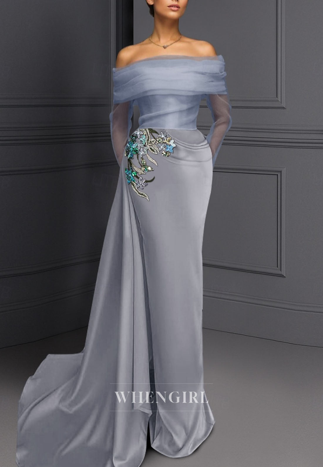 Sheath Off Shoulder Long Sleeves Embroidery Mother of the Bride Dress