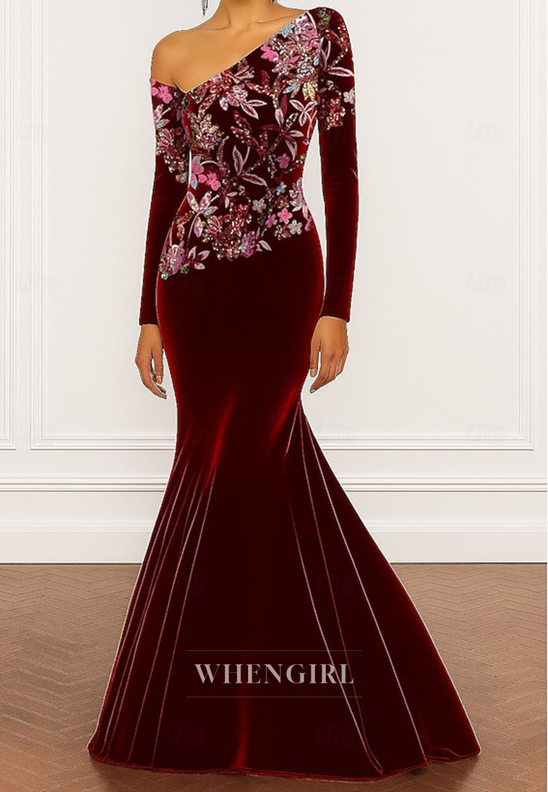 Mermaid Floor Length Long Sleeves Asymmetrical Neck Floral Mother of the Bride Dress Evening Gown