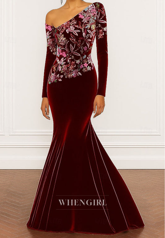 Mermaid Floor Length Long Sleeves Asymmetrical Neck Floral Mother of the Bride Dress Evening Gown