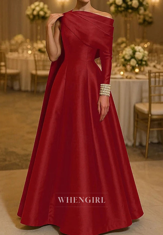 A-Line One Shoulder Long Sleeves Satin Mother of the Bride Dress