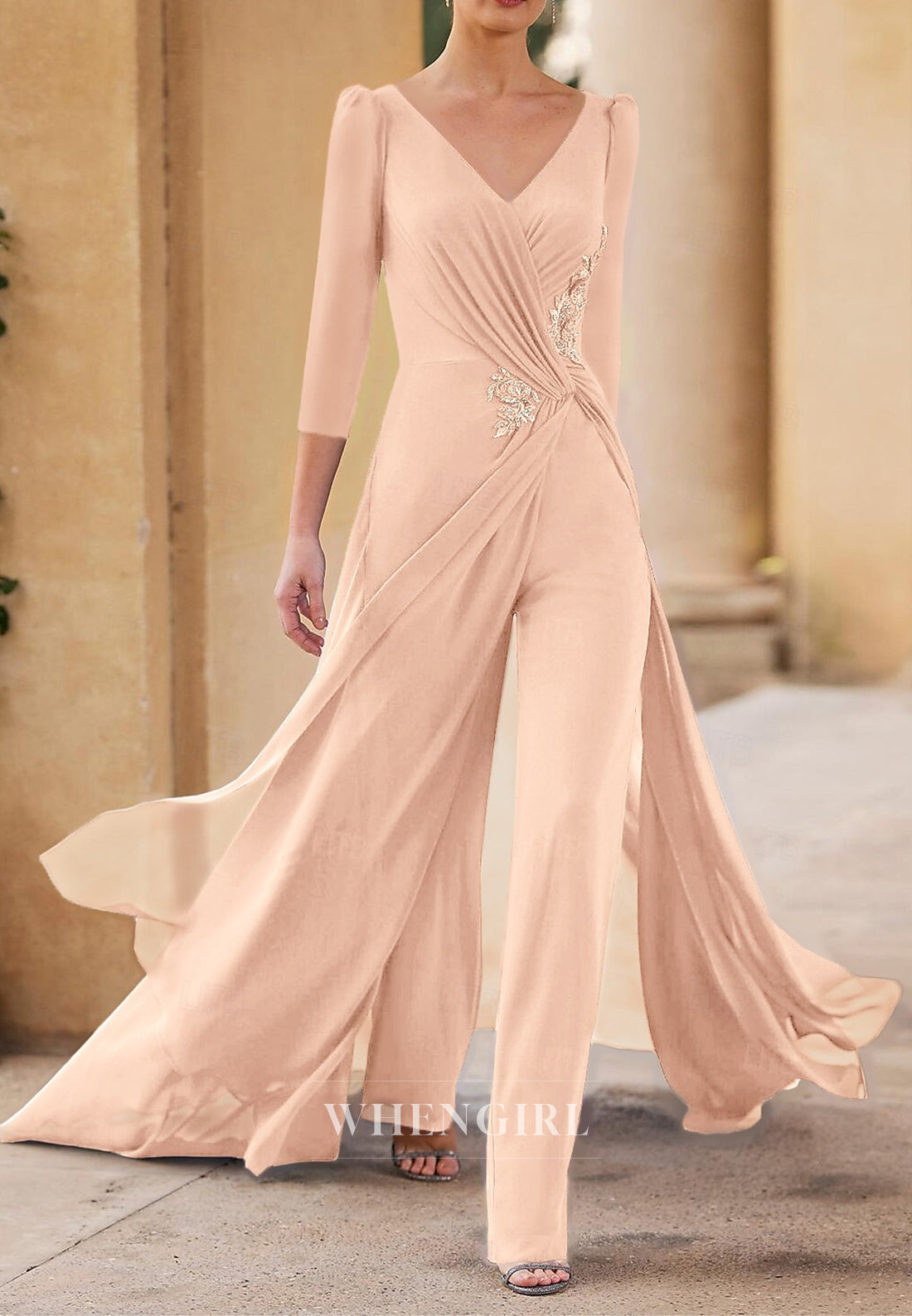 Jumpsuit V Neck 3/4 Sleeves Beaded Ruched Back Zipper Mother of the Bride Dress