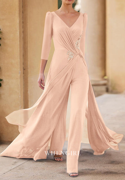 Jumpsuit V Neck 3/4 Sleeves Beaded Ruched Back Zipper Mother of the Bride Dress