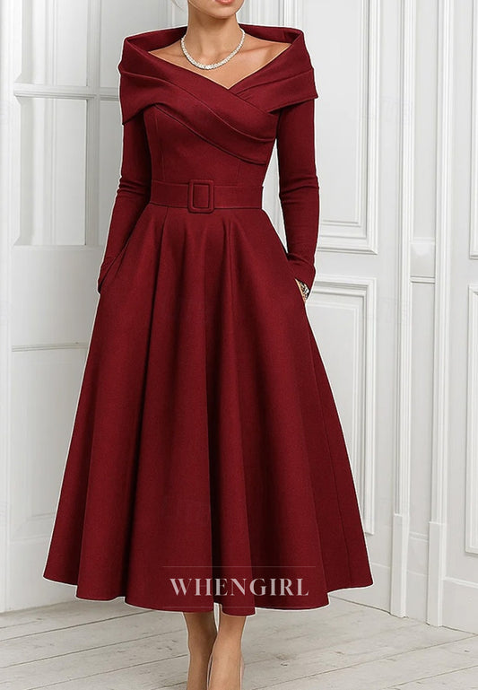 A-Line Long Sleeves Tea Length Pleated Mother of the Bride Dress