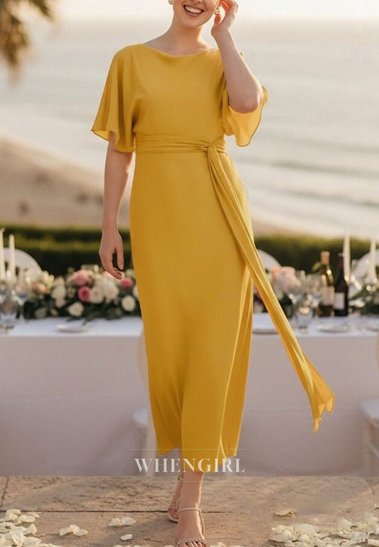 Yellow Bateau Neck Short Sleeves Chiffon Mother of the Bride Dress