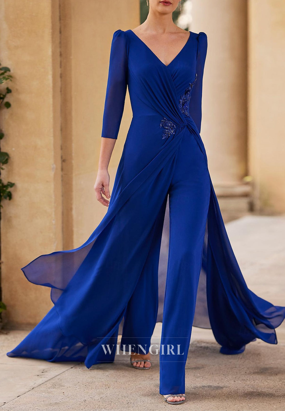 Jumpsuit V Neck 3/4 Sleeves Beaded Ruched Back Zipper Mother of the Bride Dress