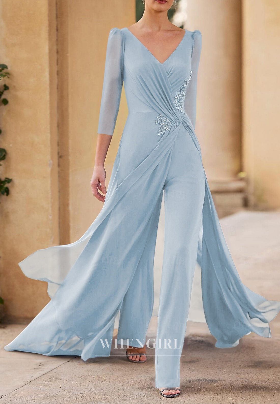 Jumpsuit V Neck 3/4 Sleeves Beaded Ruched Back Zipper Mother of the Bride Dress