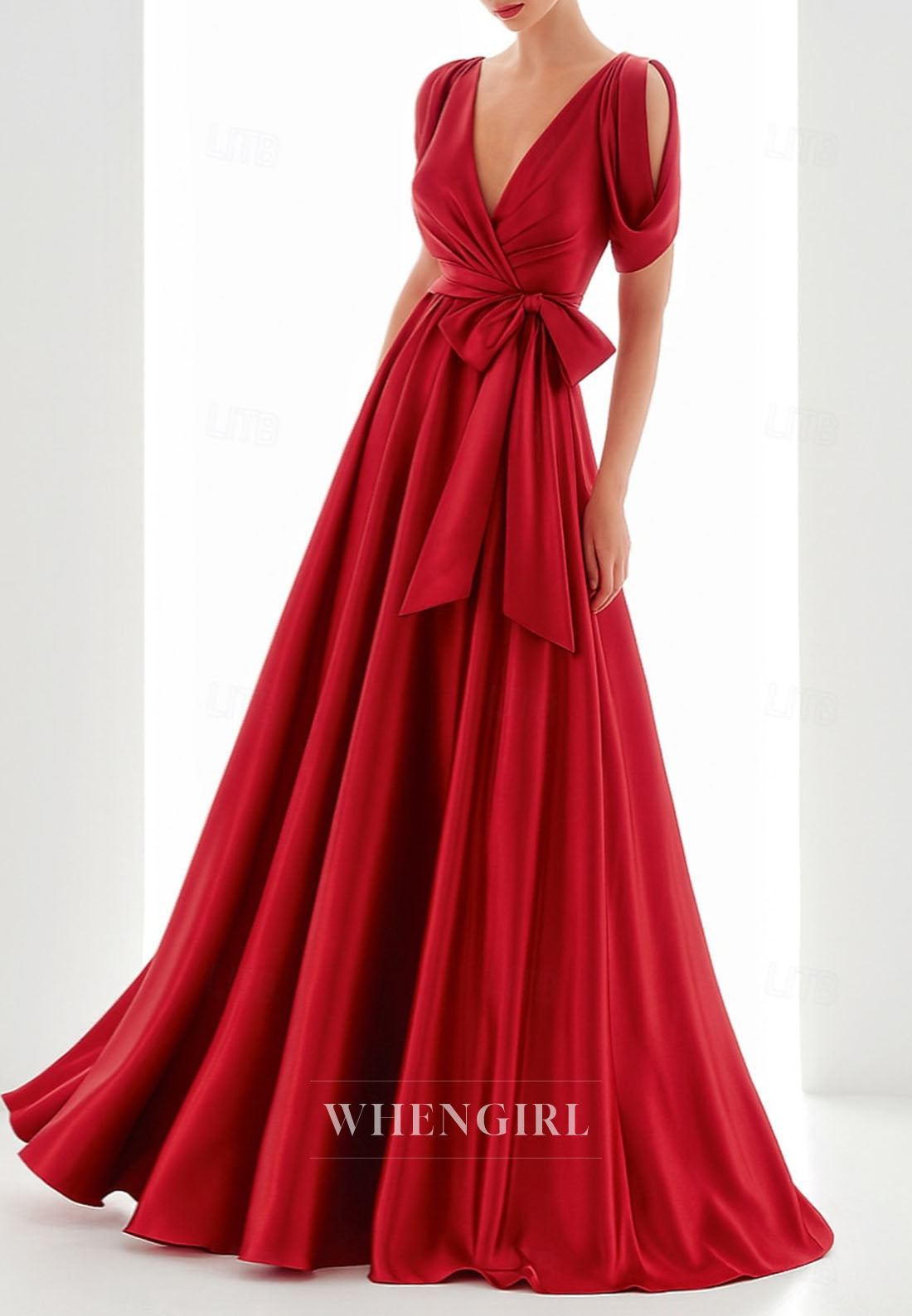 A-Line V Neck Short Sleeves Bowknot Floor Length Mother of the Bride Dress